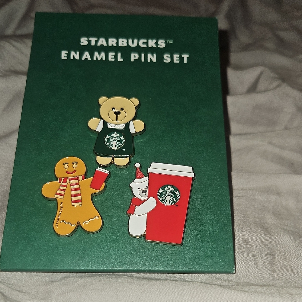 Starbucks 2025 Holiday Enamel Pin Set with Bear and Gingerbread